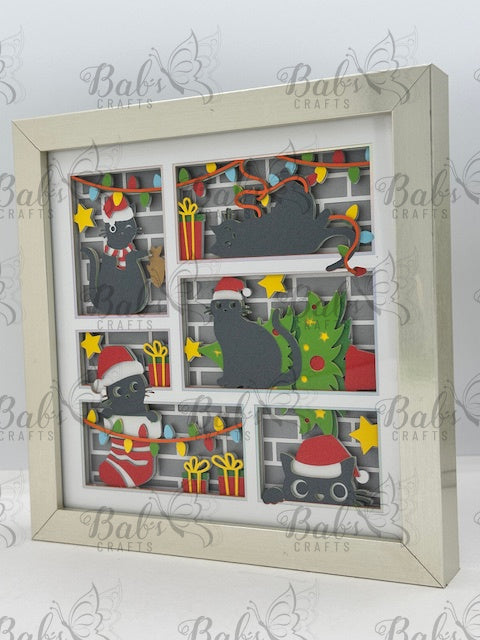 Black Kitty Mischief Christmas 3D Shadow Box