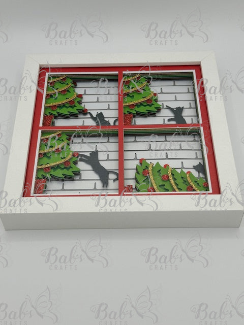 Cat Christmas Tree Mischief 3D Shadow Box