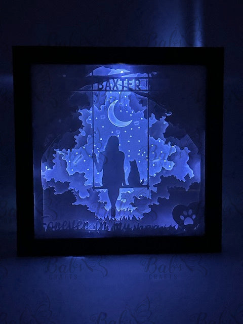 Girl & Cat on a Swing Lighted Memorial Shadow Box