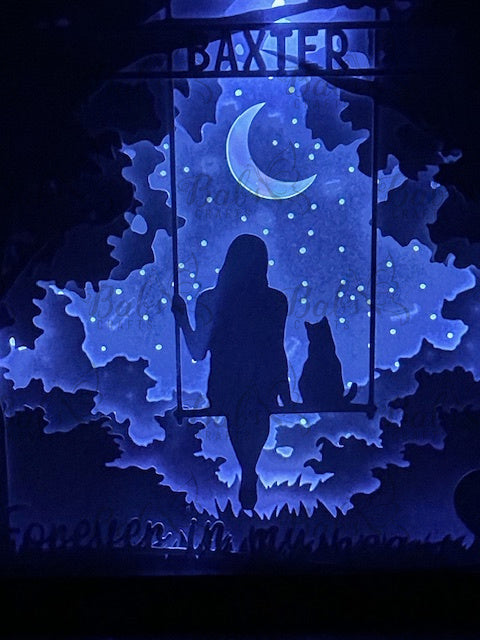 Girl & Cat on a Swing Lighted Memorial Shadow Box